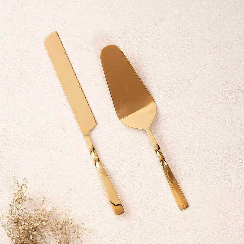 Buy Twisted Gold Cake Knife and Server Set Online Arcedior