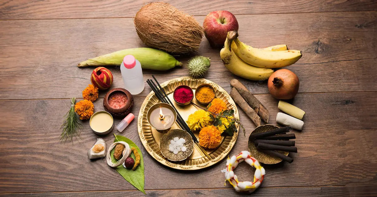 Rama Navami pooja items list kumkum turmeric coconut fruits setup