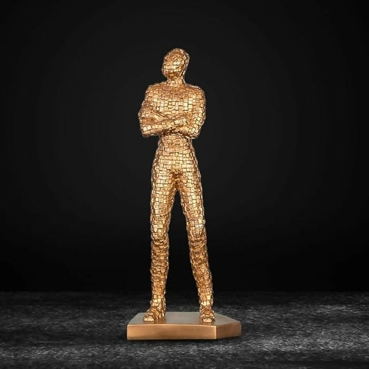 Exclusive Standing Man Handmade Sculpture | Resin Art | Bricked Showpiece Statue | Dreaming Man in Standing Position | Man Sculpture Decorative | for Home Office Gift (Gold)