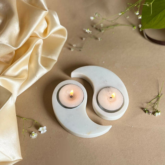 Tea Light Candle Holder White Marble Yin Yang Shaped set of 2 Holder Decorative for Table Centerpiece Anniversary Birthday Corporate Gifts