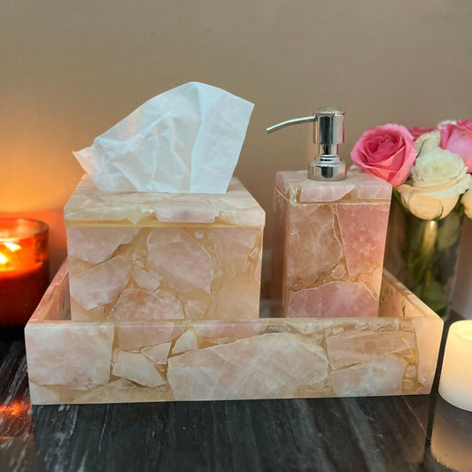 Modern and Luxurious Rose Quartz Vanity Set for Bathroom Accessories Set of 3 with Tray Soap Dispenser & Tissue Holder