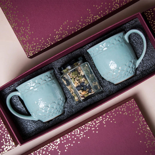 Aqua Tea Cup Set & Trail Mix Gift Box (3pieces) | Ceramic Coffee Mugs for Gifts