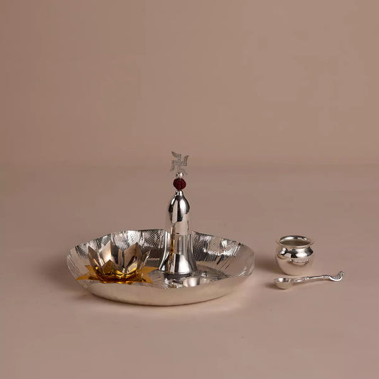 Lotus Pooja Thali Set | Glossy Silver Pooja Thali Set of 6 Pcs | Premium Collection Festive Item