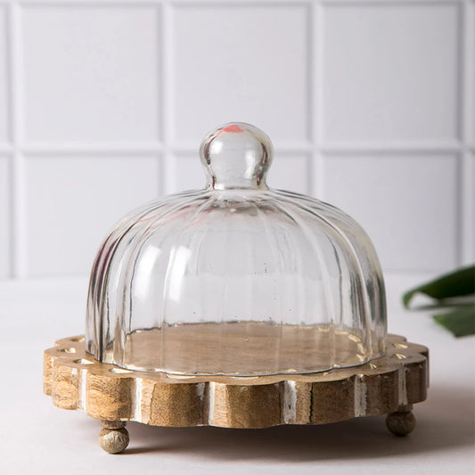 Aster Glass Cloche With Wooden Base