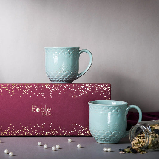 Aqua Tea Cup Set & Trail Mix Gift Box (3pieces) | Ceramic Coffee Mugs for Gifts