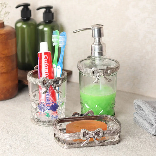 80-044-21-1 Antique Bow-Tied Glass Bathroom Silver Set