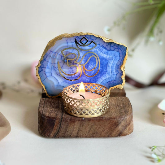 OM Tea Light Holder Agate with Wood Festive Home Décor Light Holder Perfect Decorative Corporate Gift