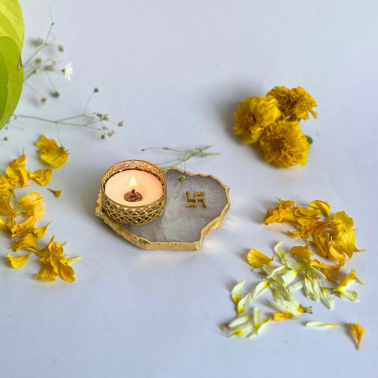 Swastik Tea Light Candle Holder for Home Decoration Agate Candle Holder Diwali Office Décor Festive Gift- set of 2
