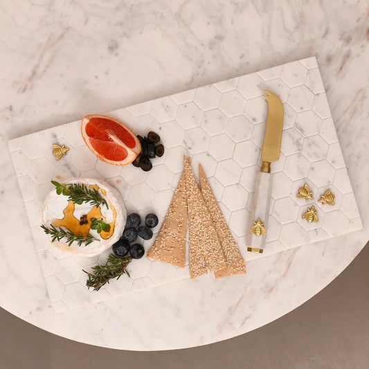 Honeycomb & Bee Luxe Marble Cheese Platter With Knife Set