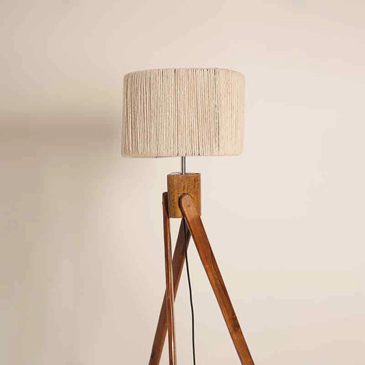 Wooden floor lamp with fabric lampshade