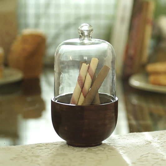 Corjuem Glass Dome Cloche | Wood & Glass Dessert Cloche | Glass Cloche Jar for Kitchen