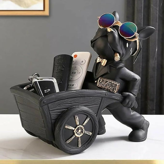 Carrying Cart Bulldog Sculpture with Holding Storage for Home Decor Antique Figurine | Table Top and Desktop Candy Organizer | Good for Storing Keys Watch Phone Remote