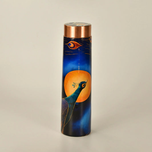 Lunar-themed Copper Bottle with Peacock Motif