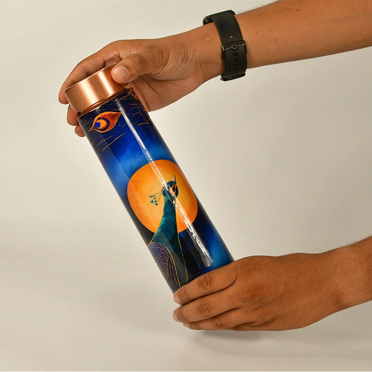 Lunar-themed Copper Water Bottle with Peacock Motif