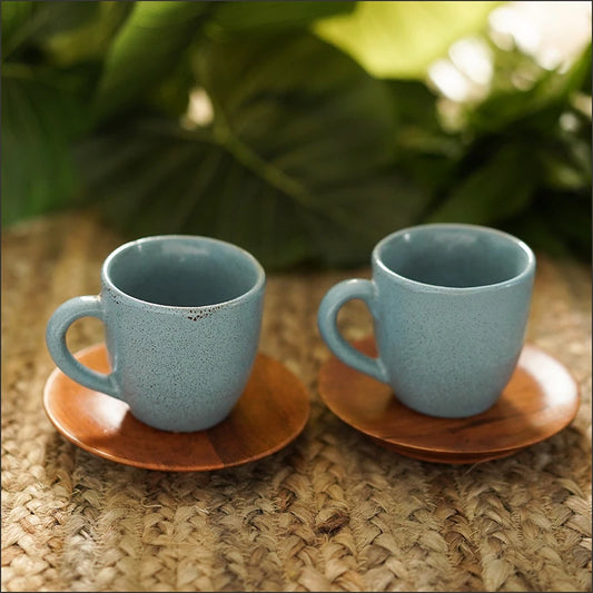 Blue Tea Cup and wooden saucer