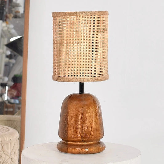 Dice Table Lamp with Cane Lamp Shade | Wooden Bedside Lamp