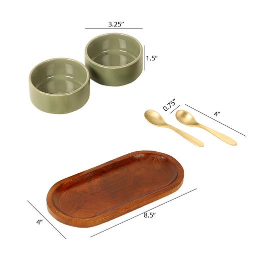 Dimnension of pickle bowl, spoon and wooden tray