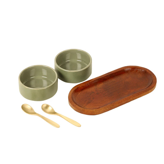 Ceramic condiment jar with wooden base and spoon