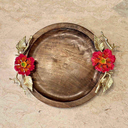 Decorative Tray | Hibiscus Round Wooden Tray Set of 2
