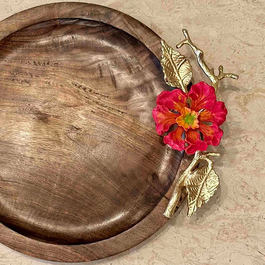 Decorative Tray | Hibiscus Round Wooden Tray Set of 2