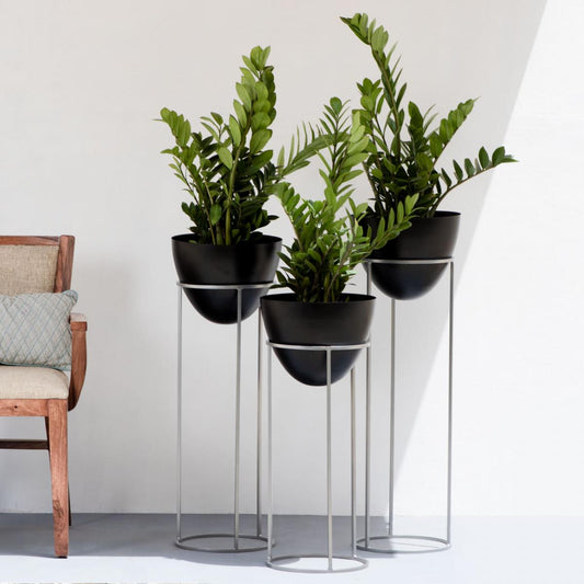 Ovate Tall Planters Black and Silver (Set of 3)