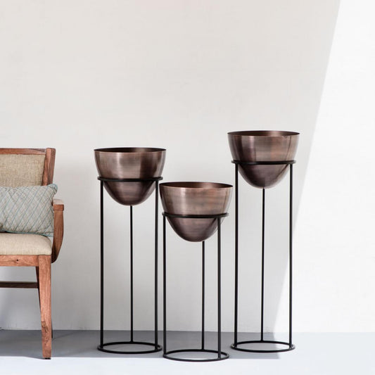 Ovate Tall Planters Antique Copper/Bronze & Black Stand (Set of 3)