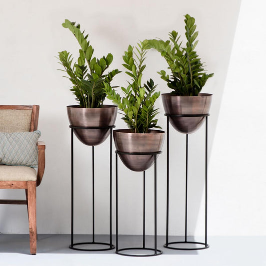 Ovate Tall Planters Antique Copper/Bronze & Black Stand (Set of 3)