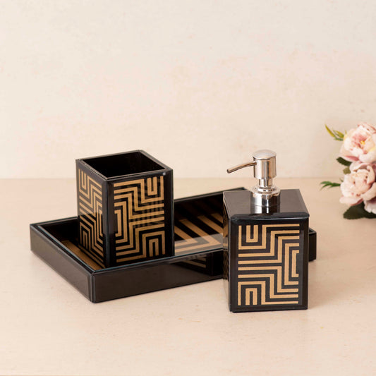Maze Glass Bathroom Set of 3 Gold & Black