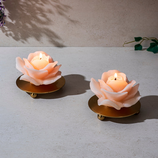 Rose Candles with Candle Plates - Set of 2