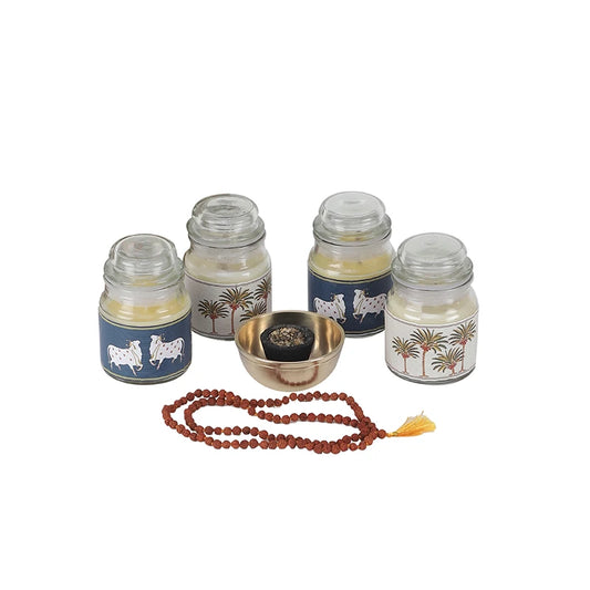 Pooja set, ghee candles, Mala for meditation