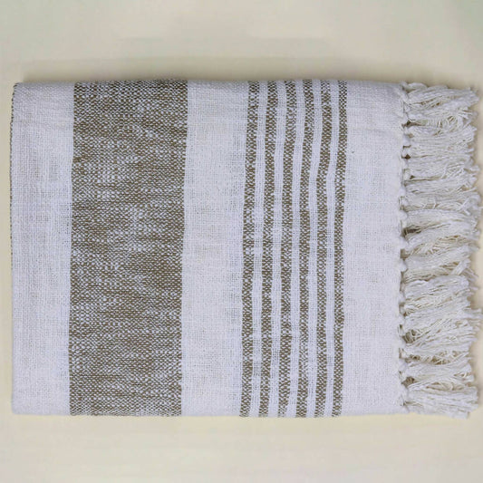 Cream & Light Brown Yarn Dye Cotton Handwoven Throw (60" x 51")