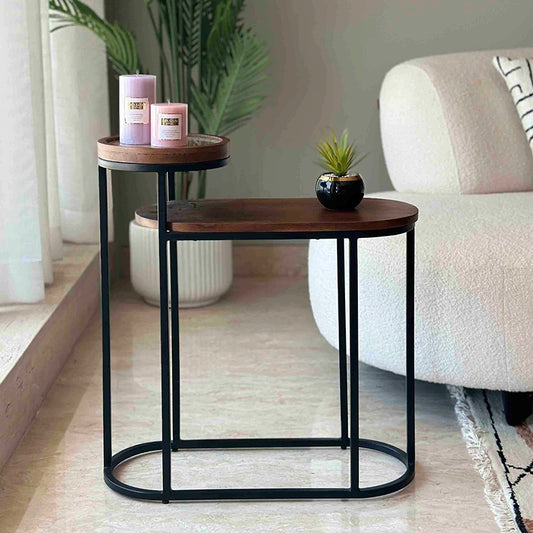 Kovo Rattan 2-Tier Table | Wooden Side Table for Couch
