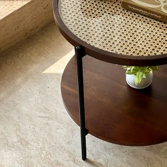 Kovo Rattan Side/Center Table | Top Rattan Side Table with Storage