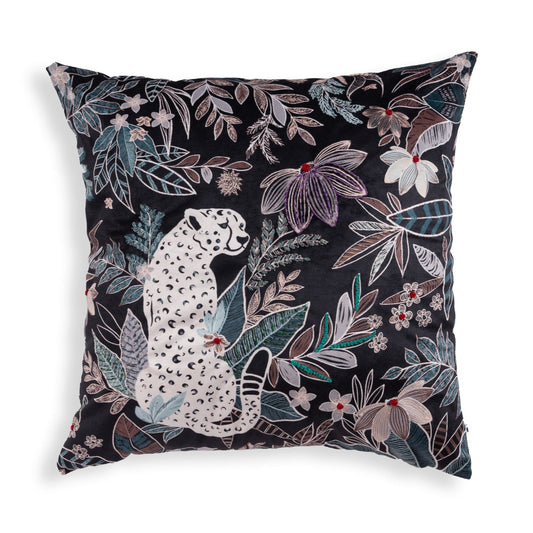 Safari Blossom Embroidered Velvet Cushion