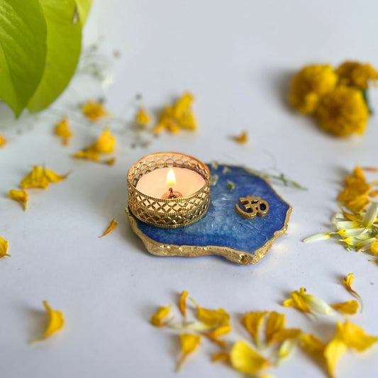 OM Tea Light Candle Holder for Home Decoration Agate Candle Holder Diwali Office Décor Festive Gift- set of 2