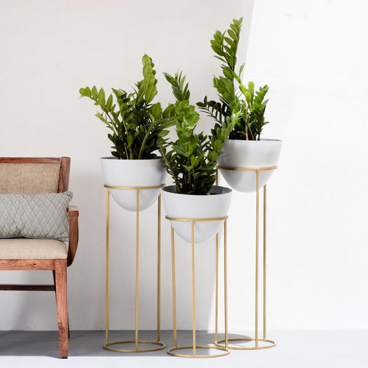 Ovate Tall Planters White & Gold (Set of 3)