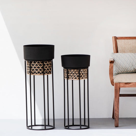Handwork Cane Planters with Textured Matt Black Finish (Set of 2)