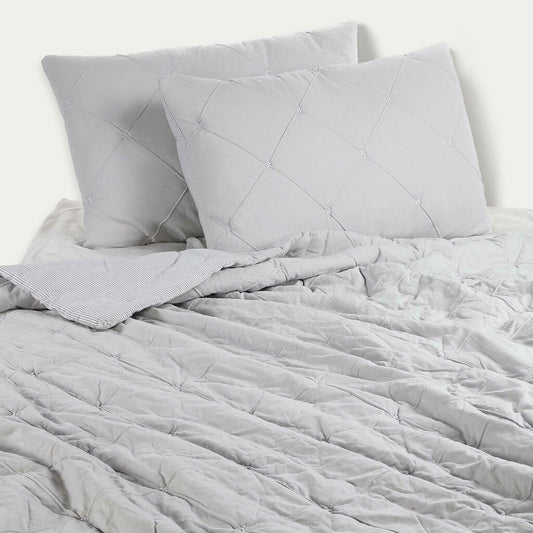 Light Grey Quilted Diamond Shape & Snow White Stripe Comforter with 2 Pillow Cover (Bedcover -Length:106" x Width: 101" | Pillow Cover - Length:18.5" x Width:28")