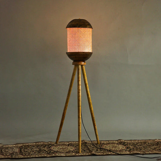 Modern Tripod Floor Lamp | Standing Lamp - Wood & Cane