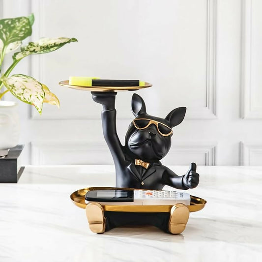 French Bulldog with Double Tray Sculpture for Home Décor Statue Table Decor Living Room Decor Entryway | Multifunctional Home Decor Black Color