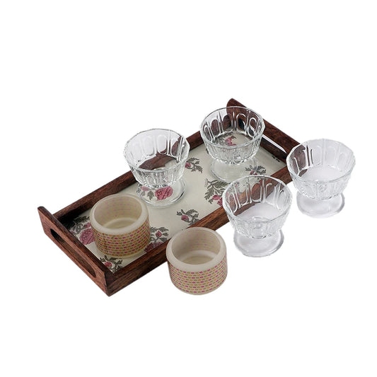 Four Dessert Glass Bowls, two tea lights and a wooden tray