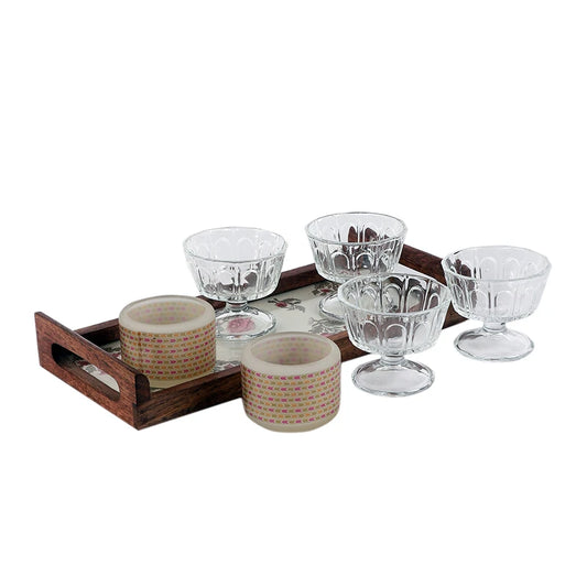 wooden tray with glass bowls and tealight holders
