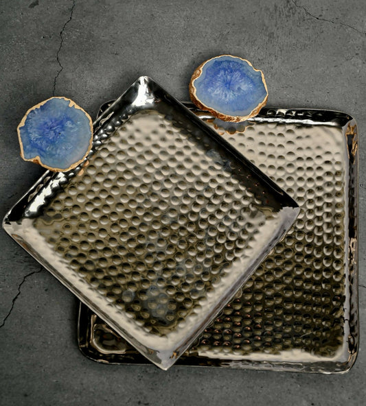 Square Aluminum Tray with Agate Decorative Metal Platter Set of 2 for Serving Cakes Pastries Snacks Breakfast Coffee Party and Dining Table