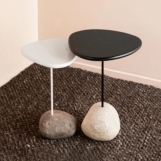 Pebble End Table Set of 2 | Black & White Table | Wooden Side Table for Living Room