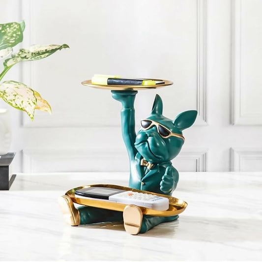 French Bulldog with Double Tray Sculpture for Home Décor Statue Table Decor Living Room Decor Entryway | Multifunctional Home Decor (French Bulldog Green)