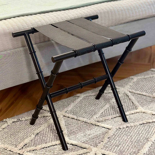 Naples Foldable Luggage Rack for Guest Room | Suitcase Stand - Faux Leather | Tan & Black