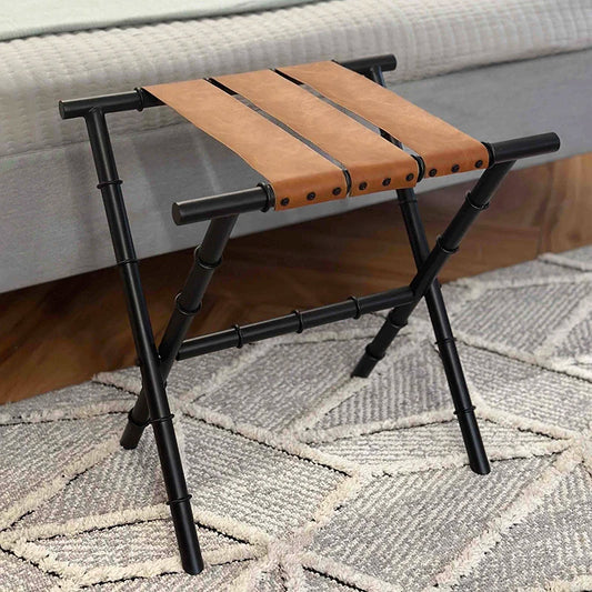 Naples Foldable Luggage Rack for Guest Room | Suitcase Stand - Faux Leather | Tan & Black