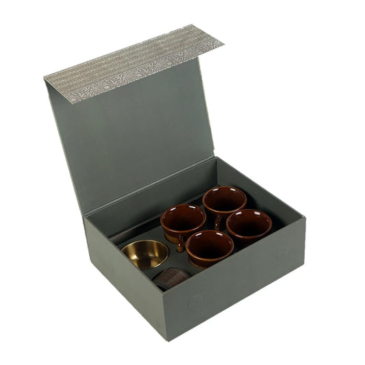 4 tea cups, tray, container, and a tealight gift box