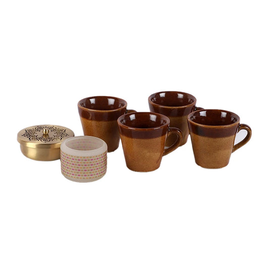 Set of tea cups, brass container & candle holder gift box