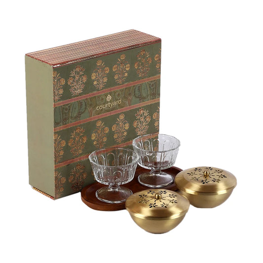 Gift Hamper - 2 glass bowl, 2 brass container with wooden tray